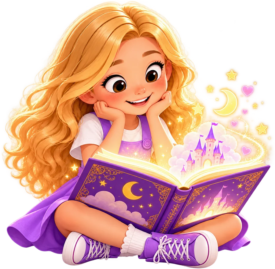 Lila lee un libro mágico sentada en el suelo